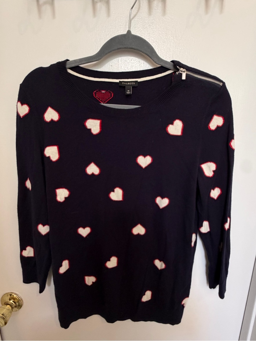 Talbots Navy Sweater with White and Pink Heart Pattern